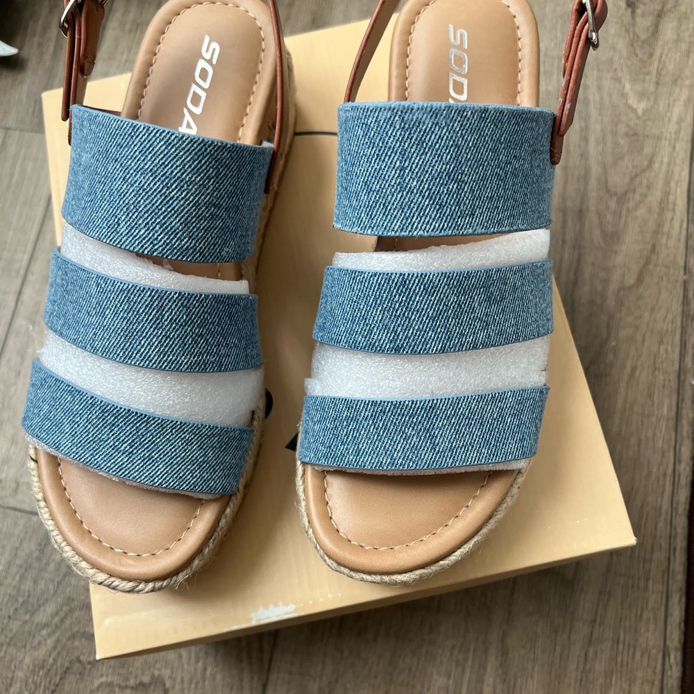 Soda Resin Espadrille Sandals in Denim Blue and Tan